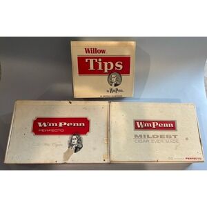 3 VINTAGE Wm PENN PERFECTO CIGAR BOX & WILLOW TIPS